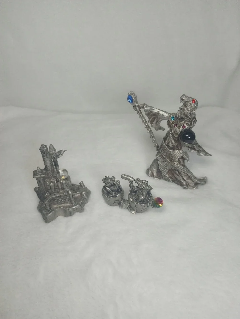 Pewter Wizard Figurines Orb Ball With Jewels Baby Dragon In Egg Castle With Orb